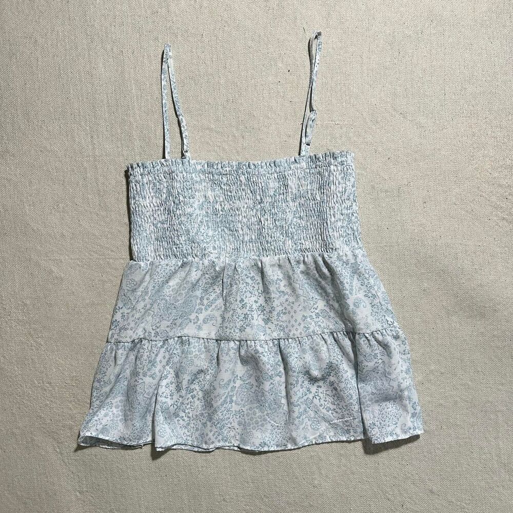 Paper Cranes Women's Small Blue and White Floral Paisley Tiered Flowy Tank Top